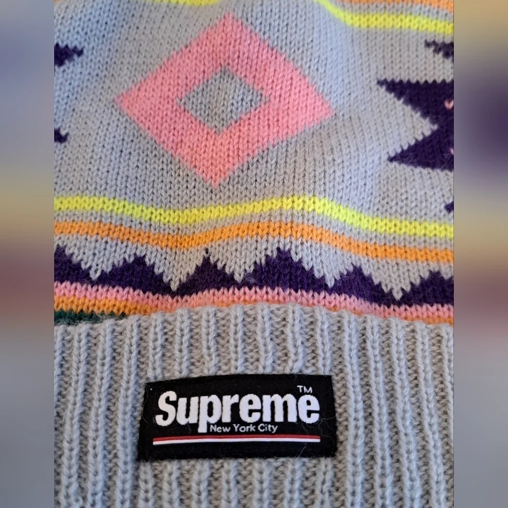 NWOT RARE Supreme Grey Aztec Boho Neutral Casual Streetwear Beanie Hat Cap